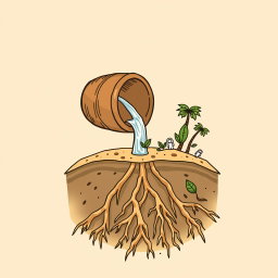 A professional doodle-style illustration designed for a corporate presentation, depicting a clay bucket pouring water onto rich soil, where roots are visibly spreading underground