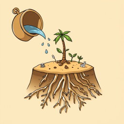 A professional doodle-style illustration designed for a corporate presentation, depicting a clay bucket pouring water onto rich soil, where roots are visibly spreading underground