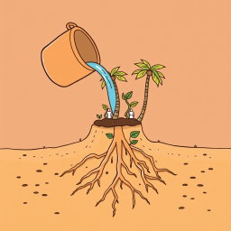 A professional doodle-style illustration designed for a corporate presentation, depicting a clay bucket pouring water onto rich soil, where roots are visibly spreading underground