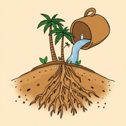 A professional doodle-style illustration designed for a corporate presentation, depicting a clay bucket pouring water onto rich soil, where roots are visibly spreading underground