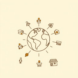 A professional doodle-style illustration for a corporate presentation, featuring a globe in the center surrounded by simple icons representing people and small shops