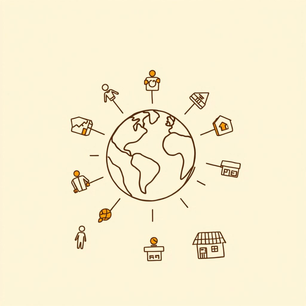 A professional doodle-style illustration for a corporate presentation, featuring a globe in the center surrounded by simple icons representing people and small shops