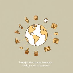 A professional doodle-style illustration for a corporate presentation, featuring a globe in the center surrounded by simple icons representing people and small shops