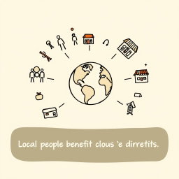 A professional doodle-style illustration for a corporate presentation, featuring a globe in the center surrounded by simple icons representing people and small shops