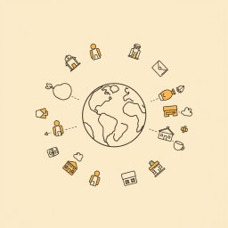 A professional doodle-style illustration for a corporate presentation, featuring a globe in the center surrounded by simple icons representing people and small shops