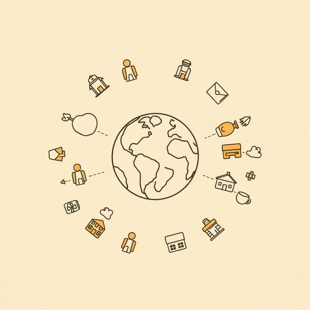 A professional doodle-style illustration for a corporate presentation, featuring a globe in the center surrounded by simple icons representing people and small shops