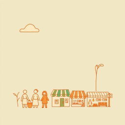 A professional doodle-style illustration for a corporate presentation, featuring simple, legible major icons representing people and small shops, symbolizing that local people and businesses benefit directly from projects and investments in a global context