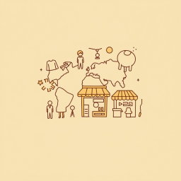A professional doodle-style illustration for a corporate presentation, featuring simple, legible major icons representing people and small shops, symbolizing that local people and businesses benefit directly from projects and investments in a global context