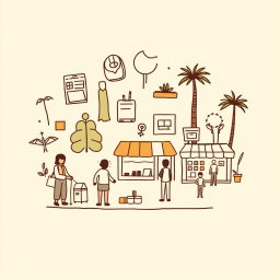 A professional doodle-style illustration for a corporate presentation, featuring simple, legible major icons representing people and small shops, symbolizing that local people and businesses benefit directly from projects and investments in a global context