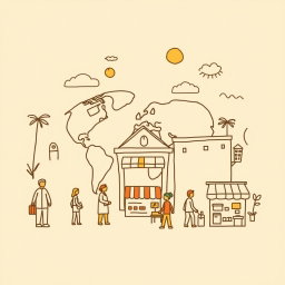 A professional doodle-style illustration for a corporate presentation, featuring simple, legible major icons representing people and small shops, symbolizing that local people and businesses benefit directly from projects and investments in a global context