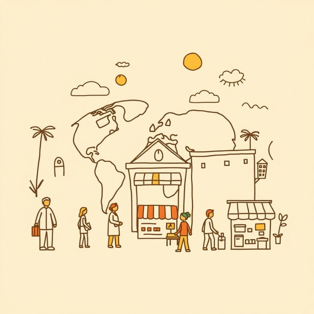 A professional doodle-style illustration for a corporate presentation, featuring simple, legible major icons representing people and small shops, symbolizing that local people and businesses benefit directly from projects and investments in a global context