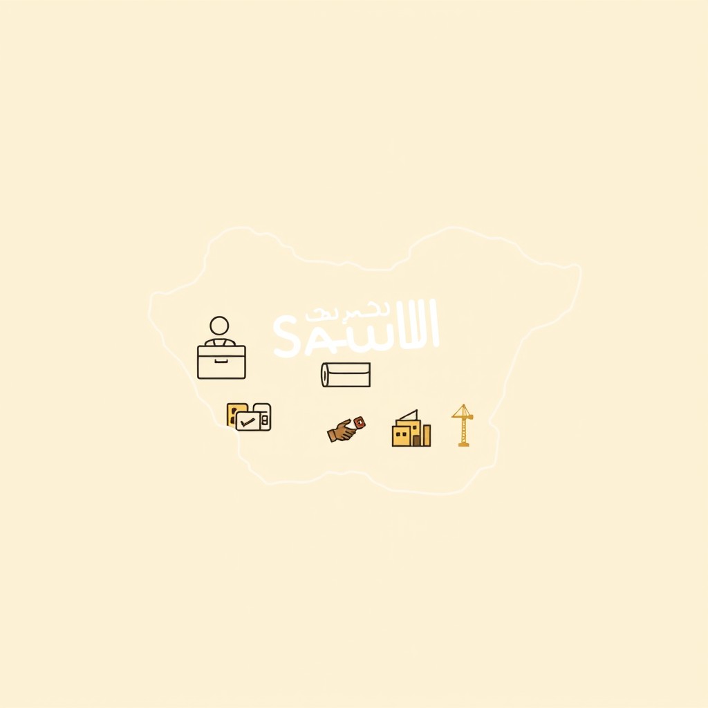 A professional doodle-style illustration for a corporate presentation featuring a clean outline map of Saudi Arabia at the center