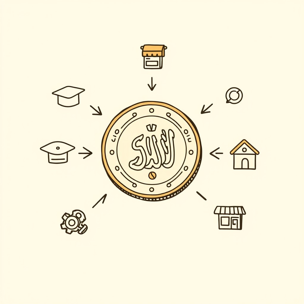 A professional doodle-style illustration for a corporate presentation featuring a large Saudi riyal coin at the center