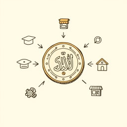 A professional doodle-style illustration for a corporate presentation featuring a large Saudi riyal coin at the center