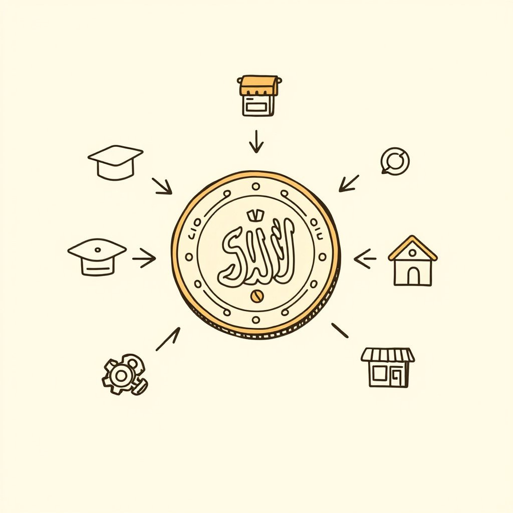 A professional doodle-style illustration for a corporate presentation featuring a large Saudi riyal coin at the center