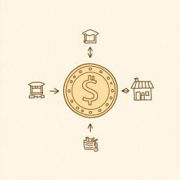 A professional doodle-style illustration for a corporate presentation featuring a large Saudi riyal coin at the center