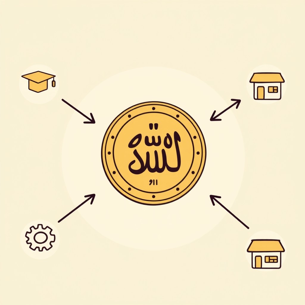 A professional doodle-style illustration for a corporate presentation featuring a large Saudi riyal coin prominently at the center