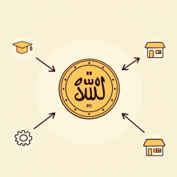 A professional doodle-style illustration for a corporate presentation featuring a large Saudi riyal coin prominently at the center