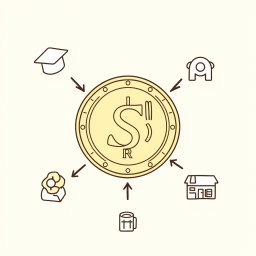 A professional doodle-style illustration for a corporate presentation featuring a large Saudi riyal coin prominently at the center