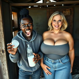 In a run-down abandoned shack, a 19-year-old African woman with deeply dark skin embodies a chaotic energy as she holds a baby bottle