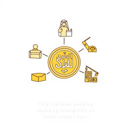 A professional doodle-style illustration for a corporate presentation featuring five icons arranged in a balanced circular layout around a central Saudi riyal coin
