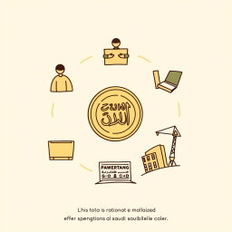 A professional doodle-style illustration for a corporate presentation featuring five icons arranged in a balanced circular layout around a central Saudi riyal coin