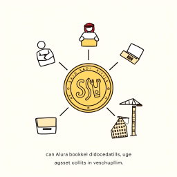 A professional doodle-style illustration for a corporate presentation featuring five icons arranged in a balanced circular layout around a central Saudi riyal coin
