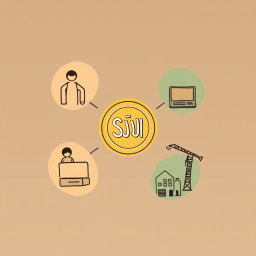 A professional doodle-style illustration for a corporate presentation featuring five icons arranged in a balanced circular layout around a central Saudi riyal coin