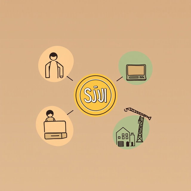 A professional doodle-style illustration for a corporate presentation featuring five icons arranged in a balanced circular layout around a central Saudi riyal coin