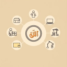 A professional doodle-style illustration for a corporate presentation featuring five icons arranged in a balanced circular layout around a central Saudi riyal coin