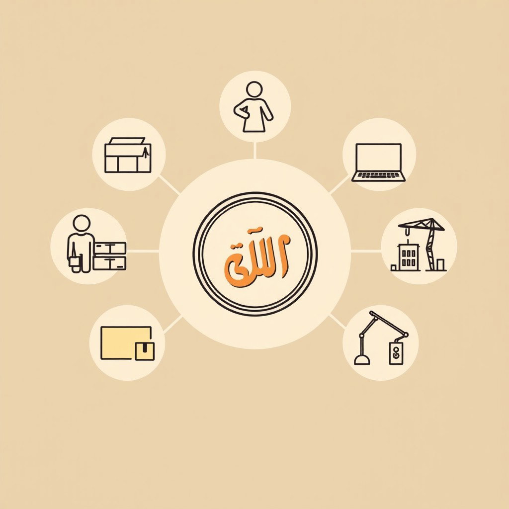 A professional doodle-style illustration for a corporate presentation featuring five icons arranged in a balanced circular layout around a central Saudi riyal coin