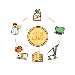 A professional doodle-style illustration for a corporate presentation featuring five icons arranged in a balanced circular layout around a central Saudi riyal coin