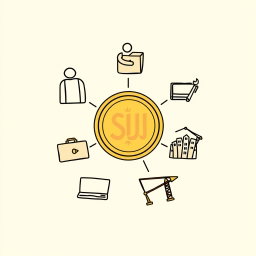 A professional doodle-style illustration for a corporate presentation featuring five icons arranged in a balanced circular layout around a central Saudi riyal coin