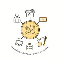 A professional doodle-style illustration for a corporate presentation featuring five icons arranged in a balanced circular layout around a central Saudi riyal coin