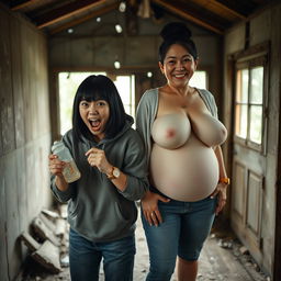 In a dilapidated abandoned shack, a 19-year-old Chinese woman with a maleficent demeanor holds a baby bottle, her petite stature emphasized