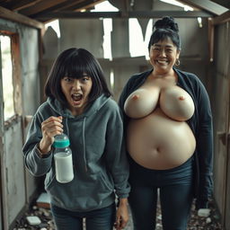 In a dilapidated abandoned shack, a 19-year-old Chinese woman with a maleficent demeanor holds a baby bottle, her petite stature emphasized