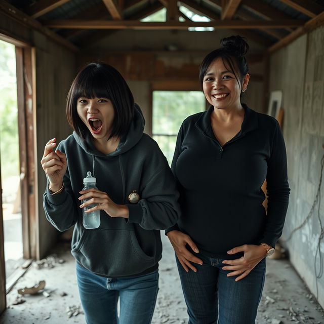 In a dilapidated abandoned shack, a 19-year-old Chinese woman with a maleficent demeanor holds a baby bottle, her petite stature emphasized