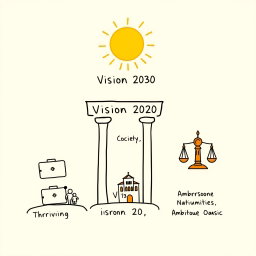 A professional doodle-style illustration for a corporate presentation featuring three pillars representing Vision 2030