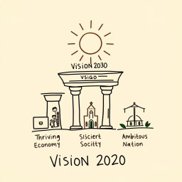 A professional doodle-style illustration for a corporate presentation featuring three pillars representing Vision 2030