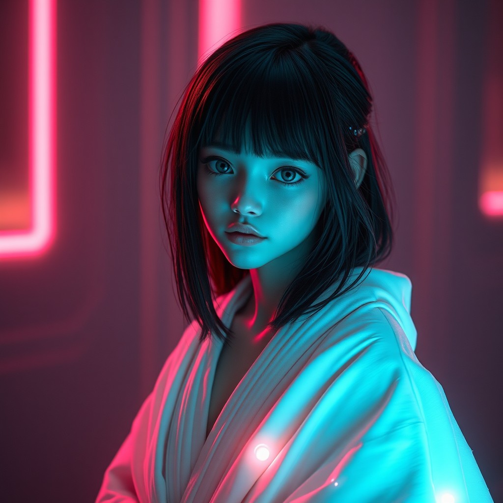 A shy girl with beautiful black hair and captivating grey eyes is depicted wearing a flowing white robe that drapes gracefully around her