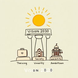 A professional doodle-style illustration for a corporate presentation featuring three pillars representing Vision 2030