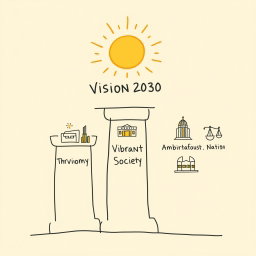 A professional doodle-style illustration for a corporate presentation featuring three pillars representing Vision 2030