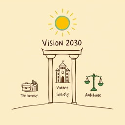A professional doodle-style illustration for a corporate presentation featuring three pillars representing Vision 2030