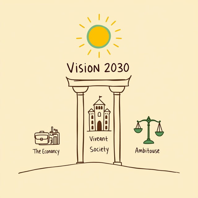 A professional doodle-style illustration for a corporate presentation featuring three pillars representing Vision 2030