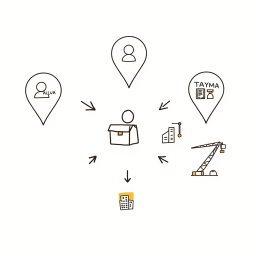 A professional doodle-style illustration for a corporate presentation featuring three location markers labeled visually by icons representing AlUla, Khaybar, and Tayma, connected by arrows into a central circle