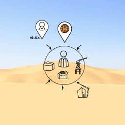 A professional doodle-style illustration for a corporate presentation featuring three location markers labeled visually by icons representing AlUla, Khaybar, and Tayma, connected by arrows into a central circle