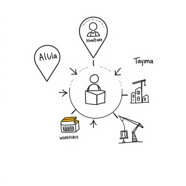 A professional doodle-style illustration for a corporate presentation featuring three location markers labeled visually by icons representing AlUla, Khaybar, and Tayma, connected by arrows into a central circle