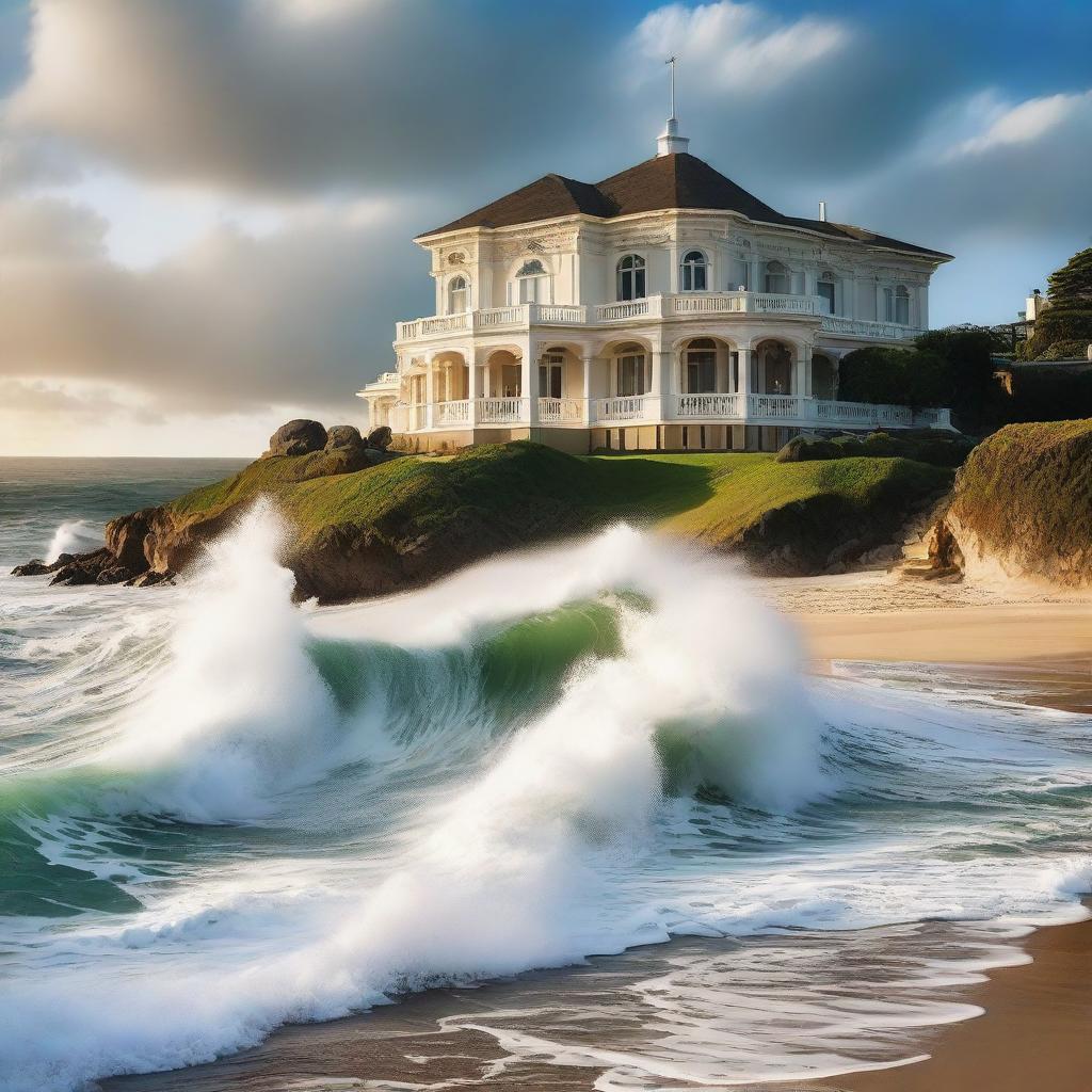 A majestic mansion nestled on a hill, overlooking a beautiful beach. The powerful waves are crashing against the shore.