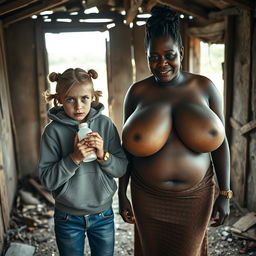 Inside an abandoned, dilapidated shack, a striking scene unfolds featuring a 19-year-old malnourished blonde woman with blue eyes, gripping a baby bottle while her wide eyes express a sense of madness