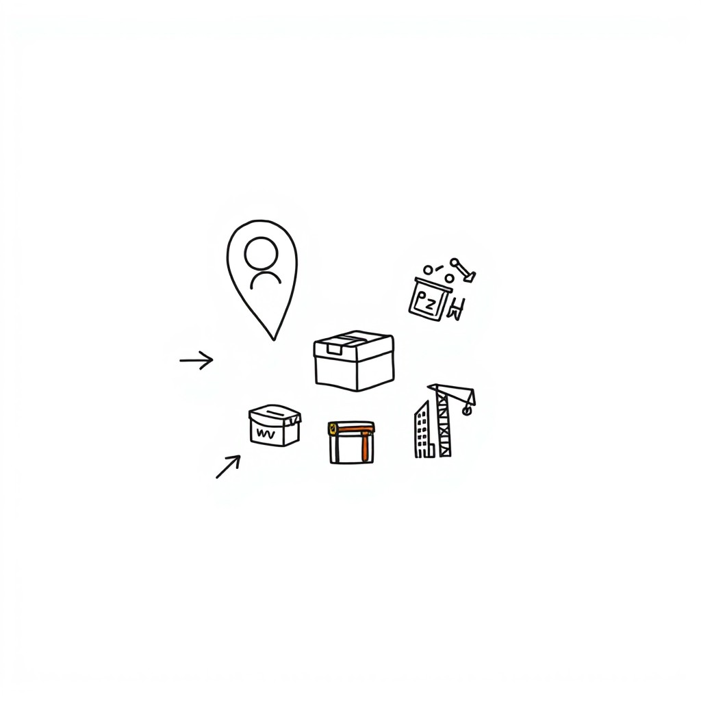 A professional doodle-style illustration for a corporate presentation featuring three location markers labeled visually by icons representing AlUla, Khaybar, and Tayma, connected by arrows leading into a central circle
